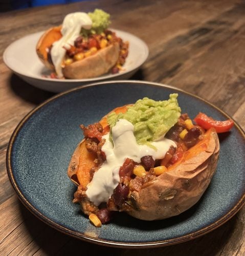 Delicious Sweet Potato Stuffed with Flavorful Chili con Carne